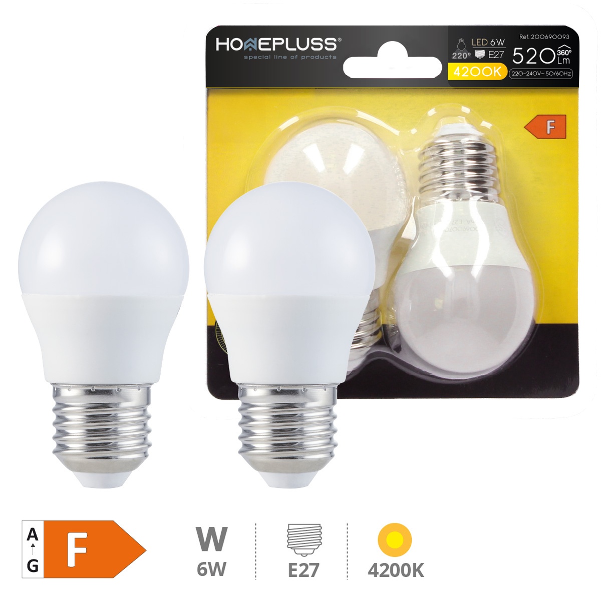 Pack 2 bombillas esféricas LED 6W E27 4200K - 10u caja exp