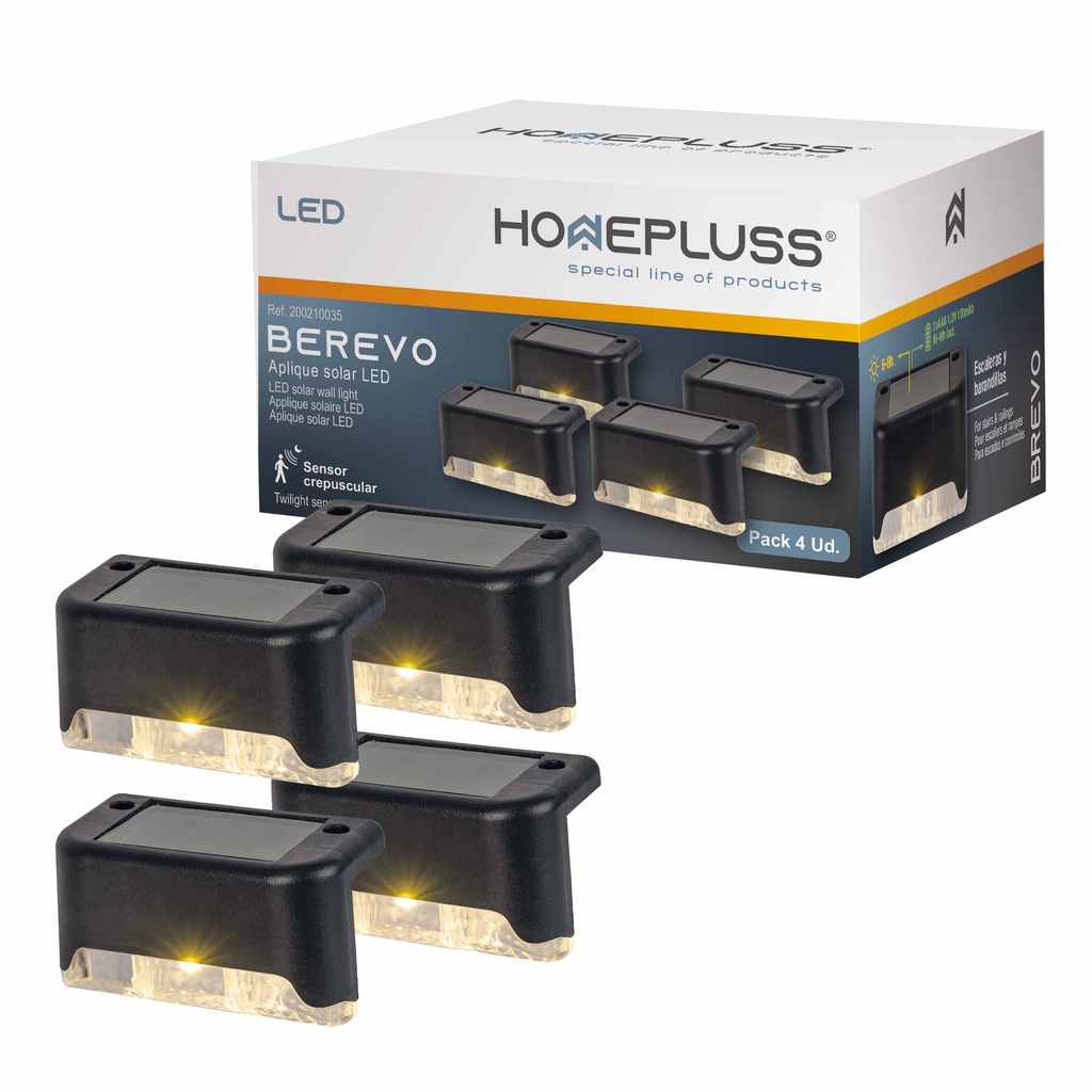 Pack 4 apliques solares LED Berevo com sensor crepuscular para escadas / corrimões Luz quente