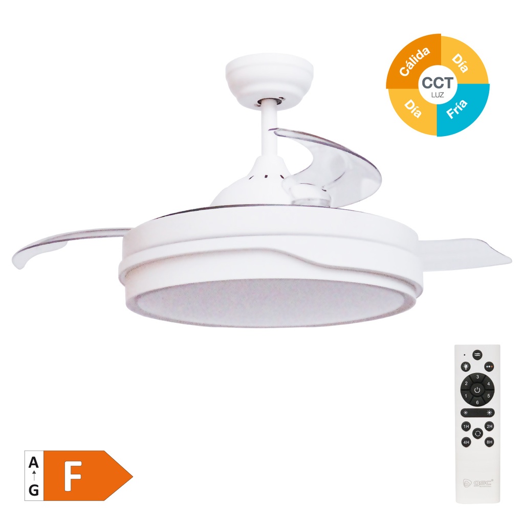 Ventilador de teto Lentini com luz CCT regulável e controlo remoto Ø107 3 pás retráteis DC Branco