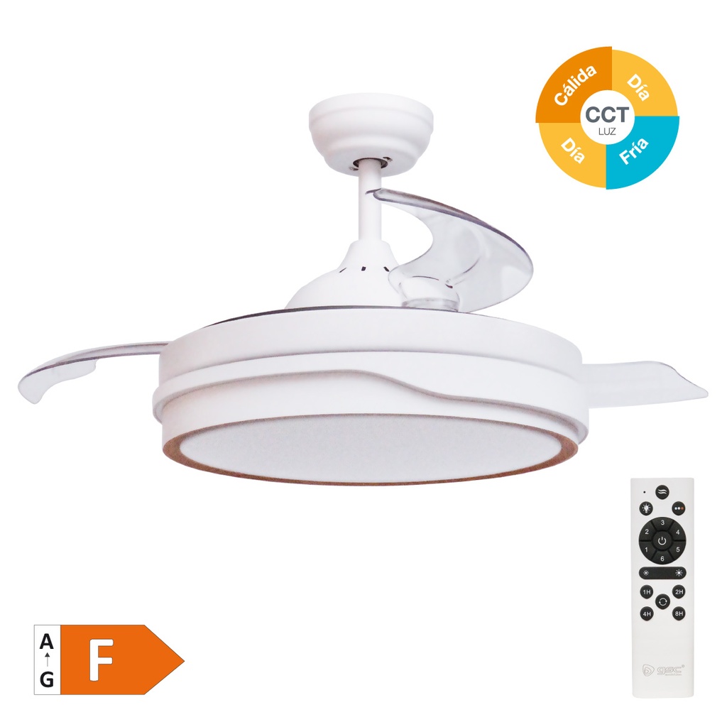 Ventilador de teto Lentini com luz CCT regulável e controlo remoto Ø107 3 pás retráteis DC Branco