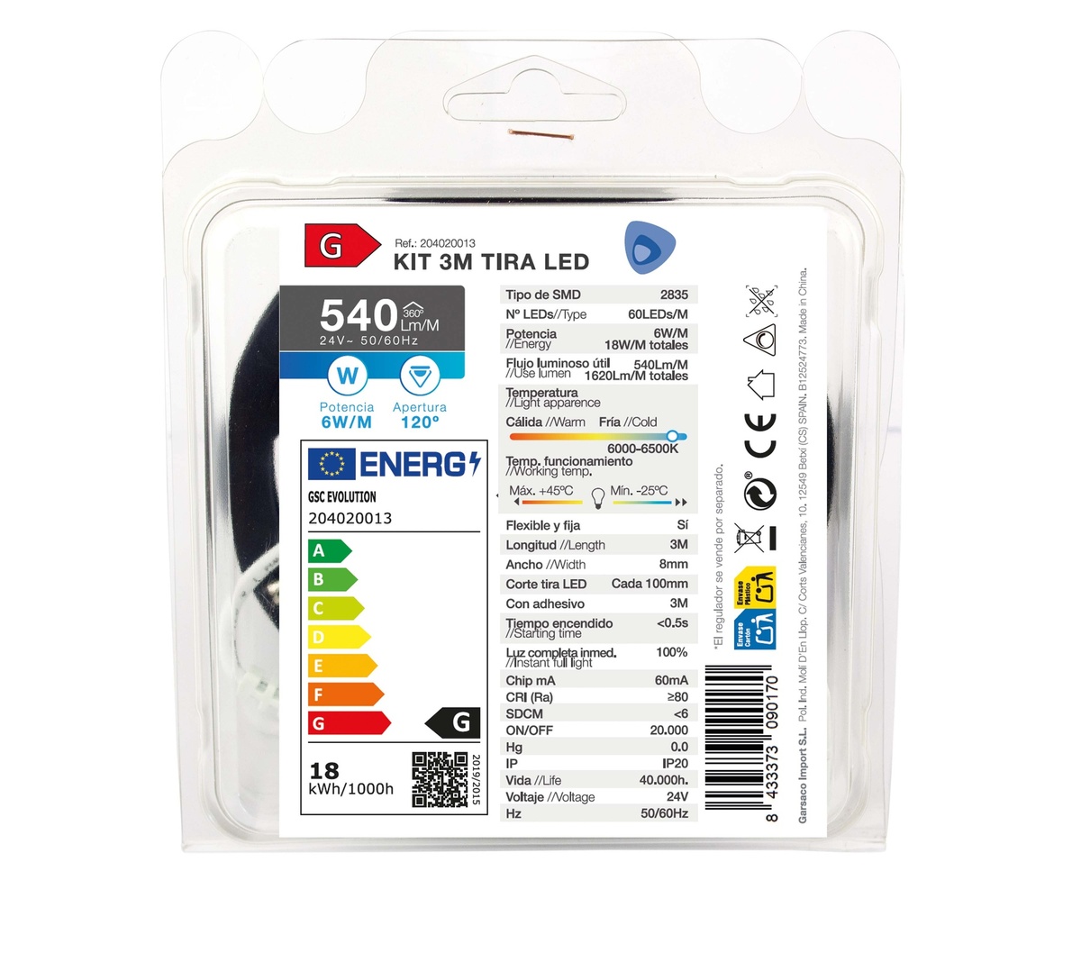 Kit 3M Tira de LED 6W/M IP20 6000K-6500K preparado  