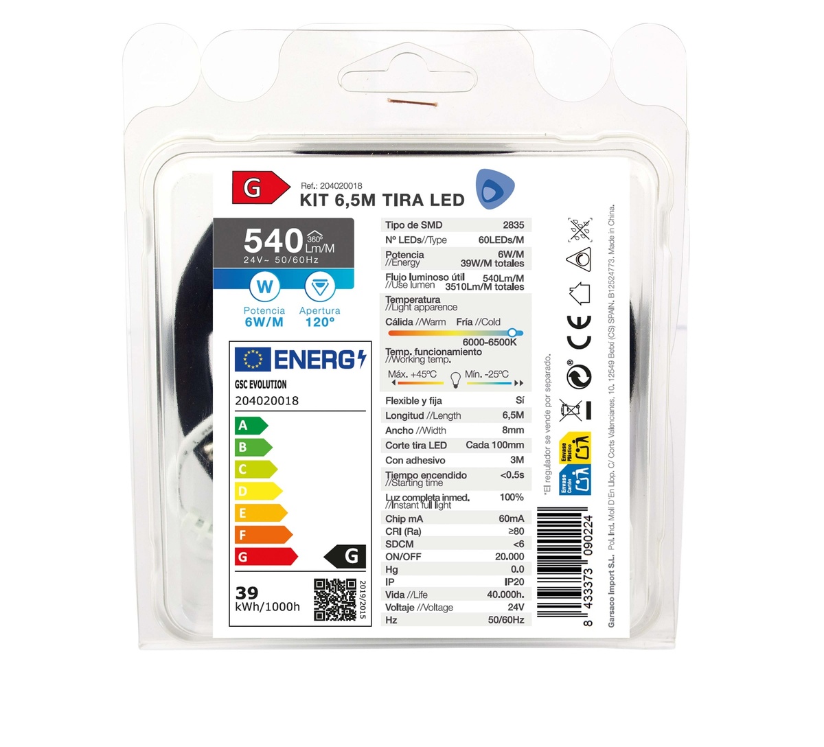 Kit 6,5M Tira de LED 6W/M IP20 6000K-6500K preparado