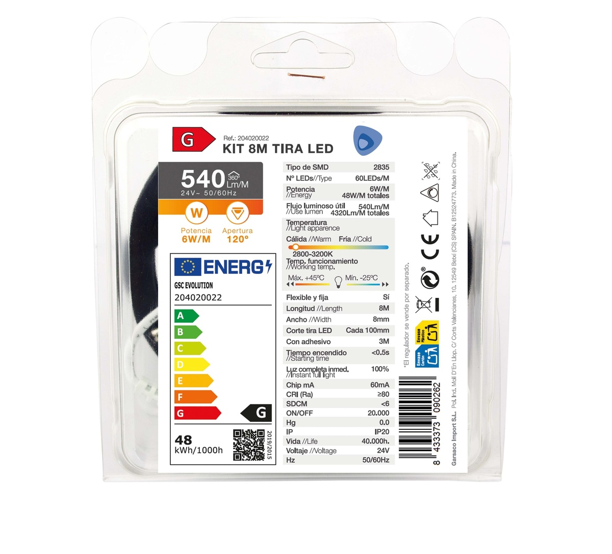 Kit 8M Tira de LED 6W/M IP20 2800K-3200K preparado