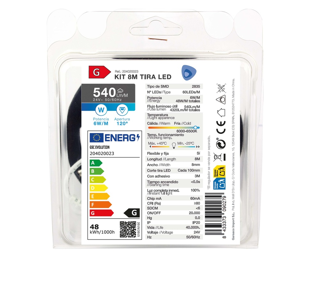 Kit 8M Tira de LED 6W/M IP20 6000K-6500K preparado