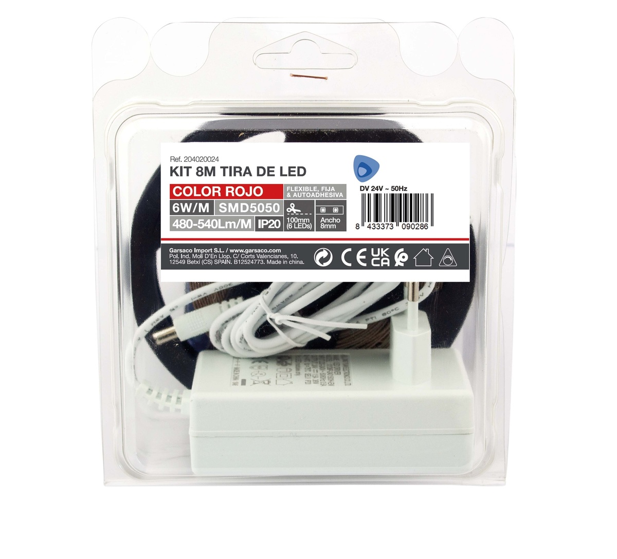 Kit 8M Tira de LED 6W/M IP20 Rojo preparado