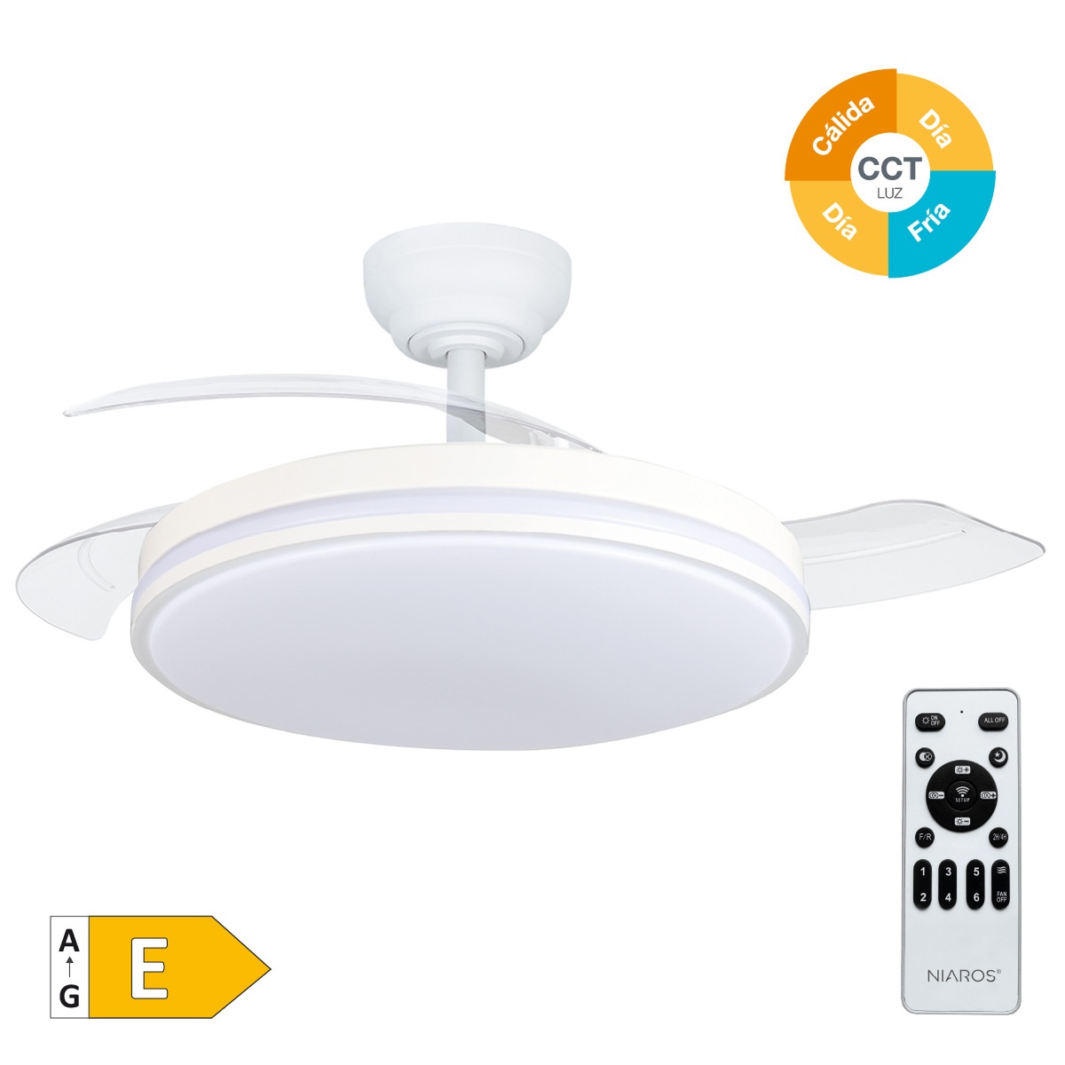 Ventilador de teto Bayat com luz CCT  regulável e controlo remoto Ø107 3 pás retráteis DC Branco