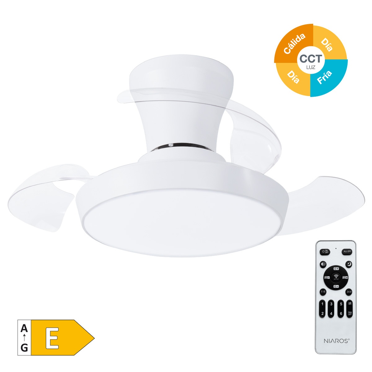 Ventilador de teto Kovilur com luz CCT  regulável e controlo remoto Ø71 3 pás retráteis DC Branco