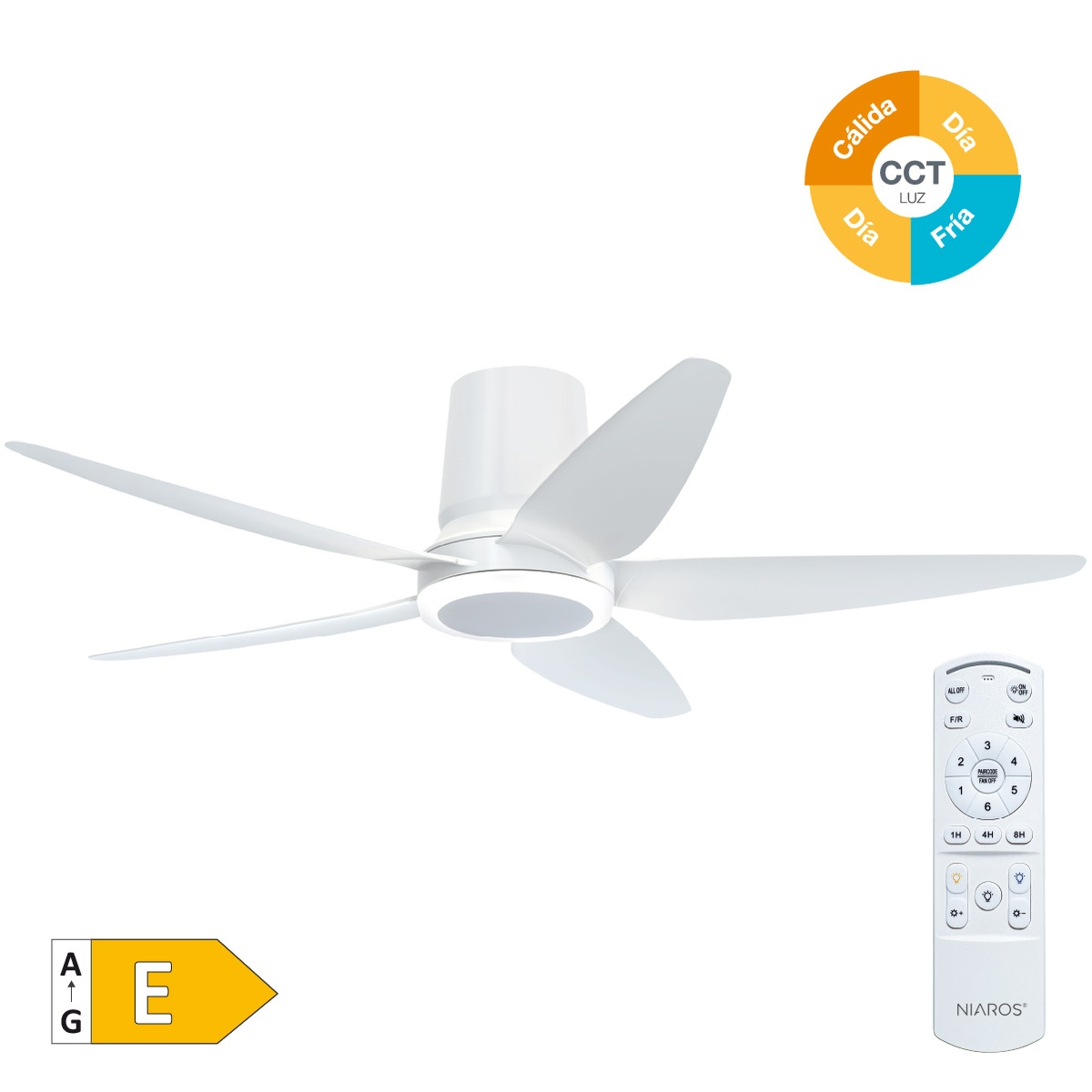 Ventilador de teto Salveri com luz CCT regulável e controlo remoto Ø122 5 pás DC Branco